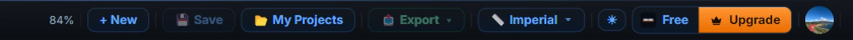 The right half of the RackCity AI toolbar: the New, Save, My Projects and Export buttons, the Imperial units dropdown, the theme toggle, then a Free plan chip with an orange Upgrade button beside it and the account avatar
