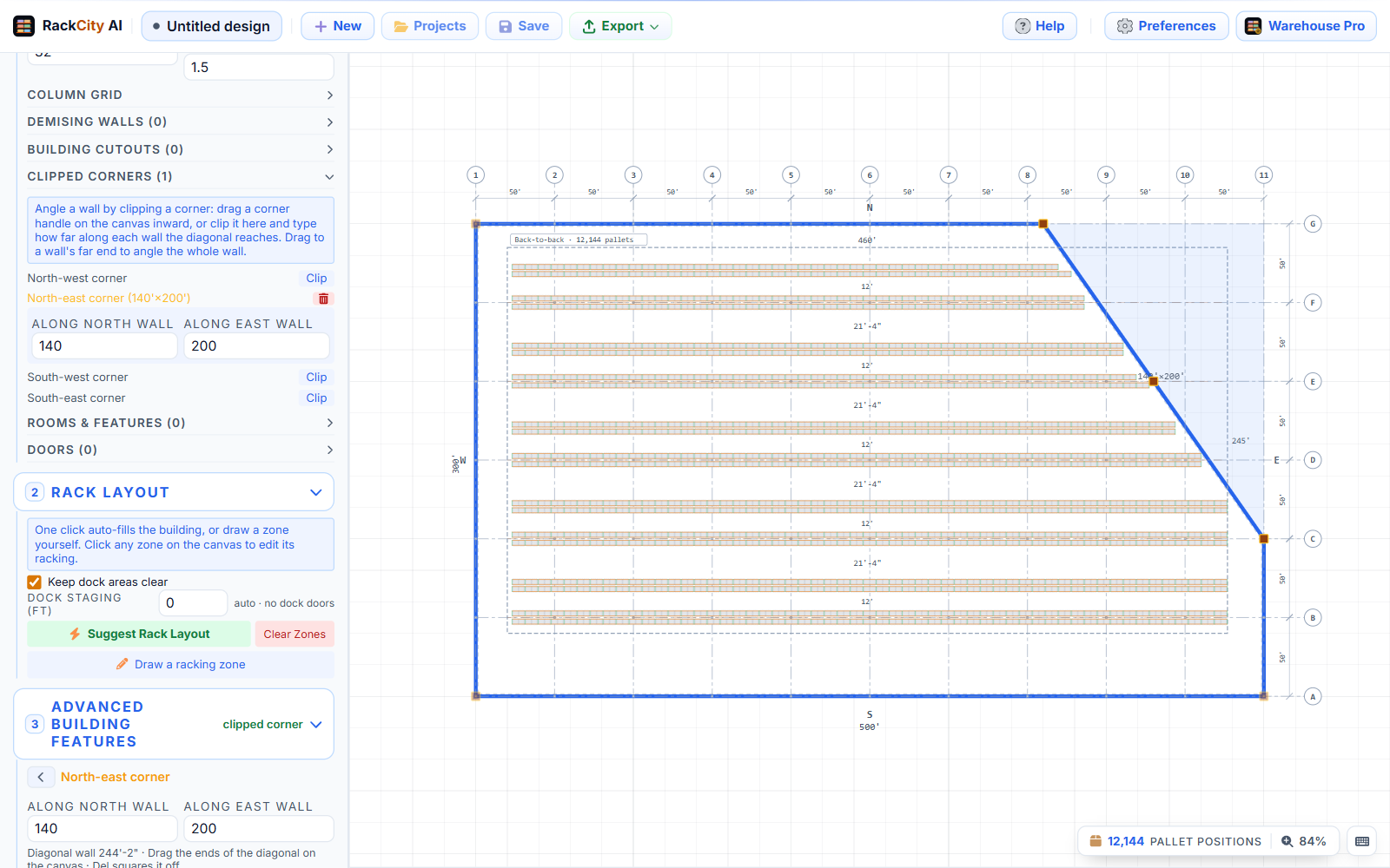 The plan canvas with a 500 by 300 ft building whose north-east corner is clipped by a diagonal wall, back-to-back rack rows ending shorter along the diagonal, and the sidebar's Clipped Corners list open with the corner set to 140 by 200 ft.