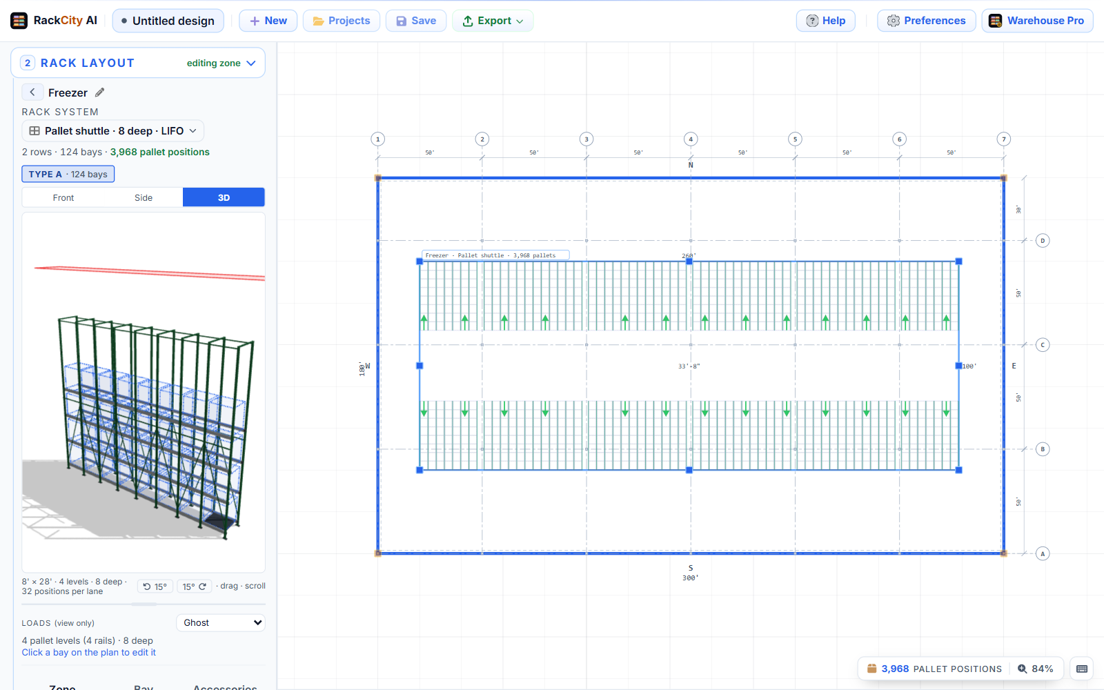 A zone with its Rack system chip reading Pallet shuttle, 8 deep, LIFO, a 3D view of one shuttle bay with frames, rail levels and ghost pallets, and the plan with two blocks of lanes and green load arrows.