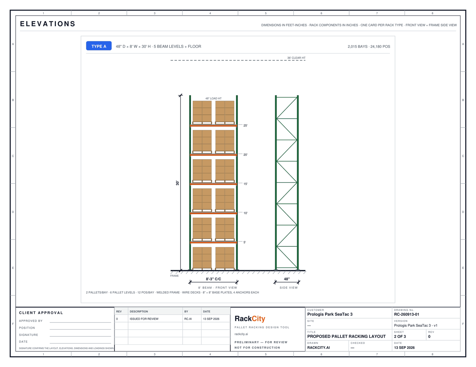 An elevation sheet from the same drawing set: a Type A card for a 48 inch deep, 8 ft wide, 30 ft high selective bay with five beam levels plus the floor, drawn to scale with two pallets of cartons per level, orange beams, green welded uprights, beam heights of 5, 10, 15, 20 and 25 ft on the right, a 36 ft clear-height line above, an 8 ft 3 in centre-to-centre dimension and a 48 inch frame side view with its bracing, and a footer reading 2 pallets per bay, 6 pallet levels, 12 positions per bay, welded frame, wire decks, 8 by 8 inch base plates with 4 anchors each