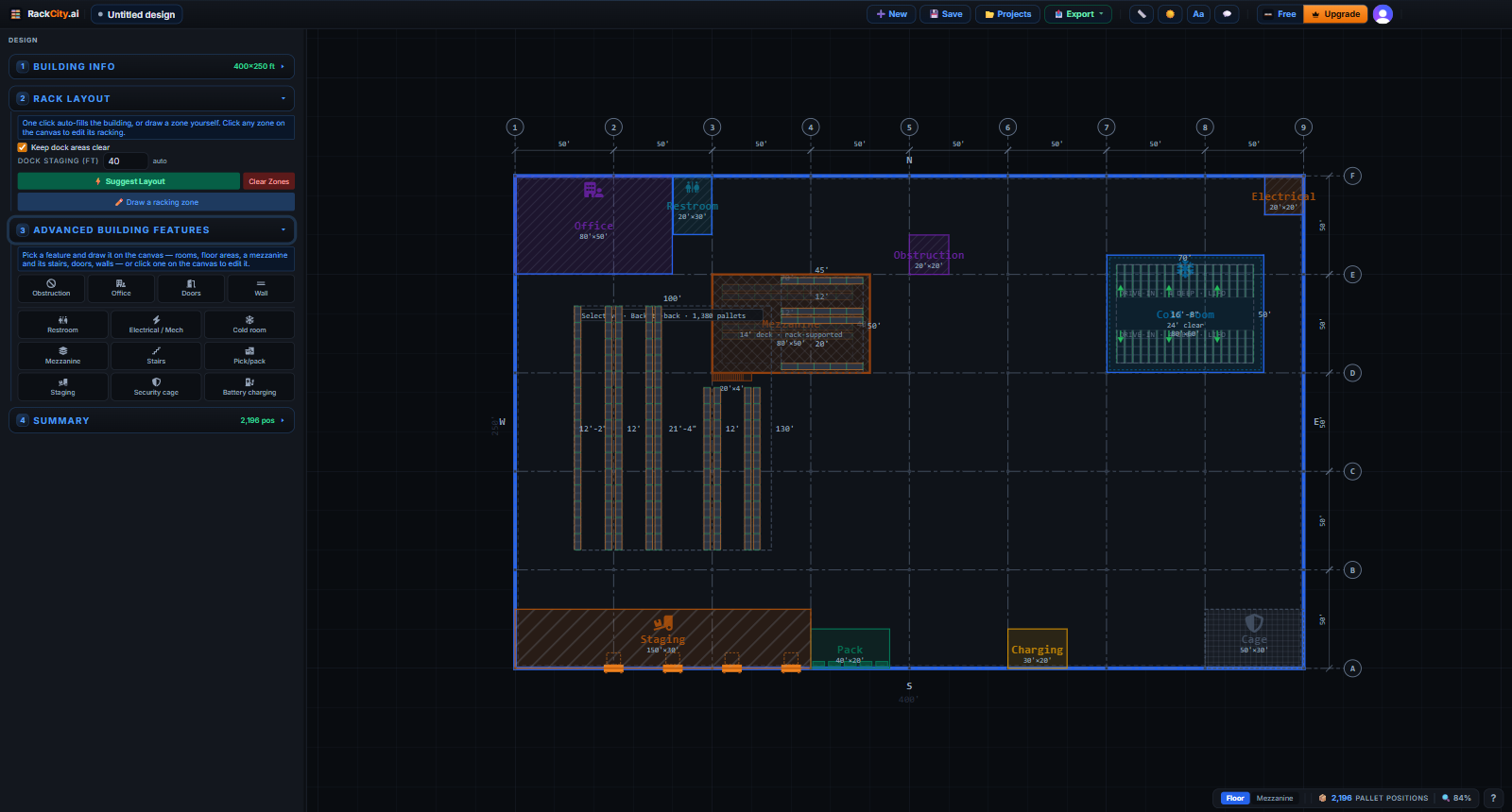 A RackCity AI plan of a 400 by 250 ft warehouse with every kind of building feature: an office and a restroom in the north-west corner, an electrical room in the north-east, a cold room with drive-in racking inside it at 24 ft clear, a rack-supported mezzanine with a 14 ft deck and its stairs, an obstruction, a staging strip in front of four dock doors, a pick/pack area, a battery-charging bay and a security cage, with a back-to-back selective zone beside the mezzanine; the panel on the left shows the Advanced Building Features icon grid