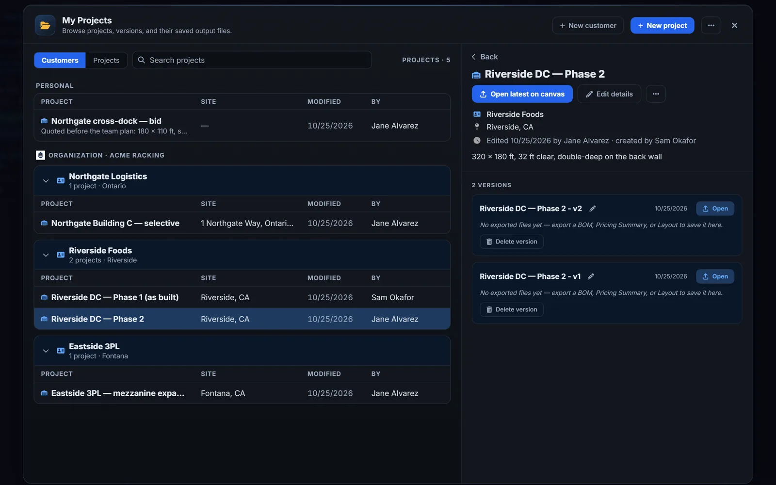 My Projects for the Acme Racking team: personal projects above, the organization's projects grouped under the customers Northgate Logistics, Riverside Foods and Eastside 3PL with each project's site, date and editor, and the drawer open on Riverside DC Phase 2 with its two versions