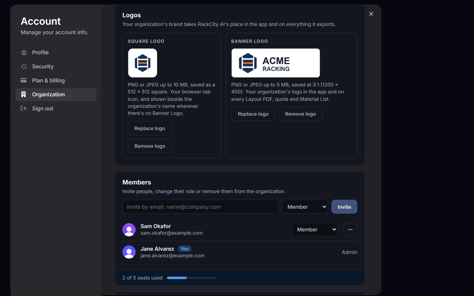 The RackCity AI Organization page for the Acme Racking team: a Logos card with the square logo and the banner logo, and a Members card with an invite-by-email field and a role picker, two members with their roles, and 2 of 5 seats used