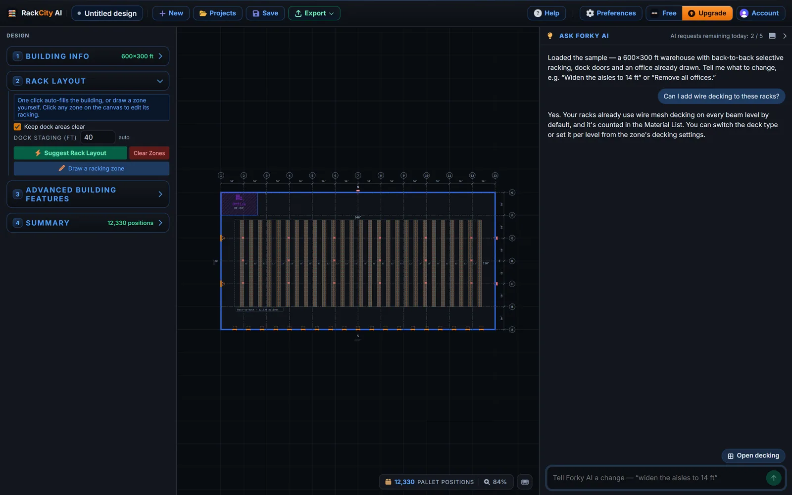 The Forky AI chat docked on the right: the question 'Can I add wire decking to these racks?', Forky AI's answer explaining where wire decking is set, and an Open decking chip under the answer