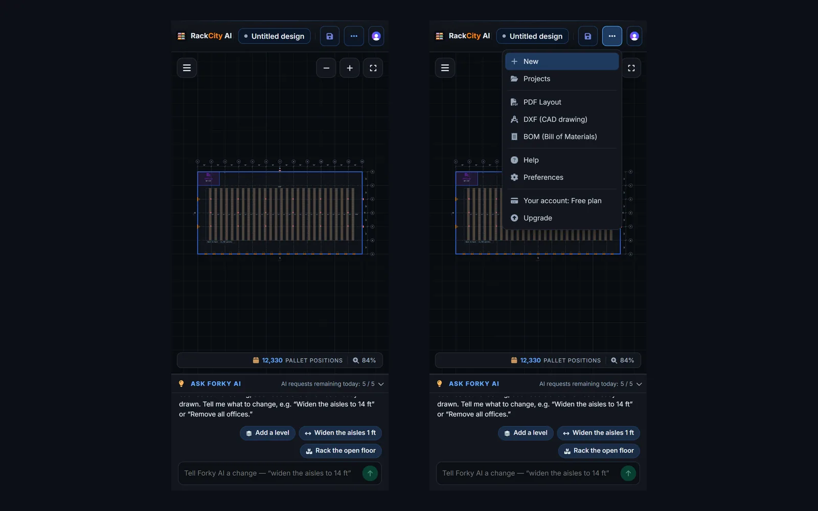 Two phone screens of RackCity AI: on the left, a warehouse layout full screen with the Forky AI chat docked at the bottom; on the right, the ⋯ menu open with New, Projects, the PDF, DXF and Material List exports, Help, Preferences and the plan