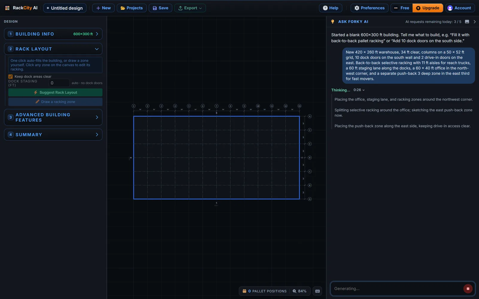 RackCity AI with the Forky AI chat docked on the right while Forky AI works on a new layout: a Thinking panel at 26 seconds with three lines — placing the office, staging lane and racking zones around the northwest corner; splitting selective racking around the office and sketching the east push-back zone; placing the push-back zone along the east side, keeping drive-in access clear