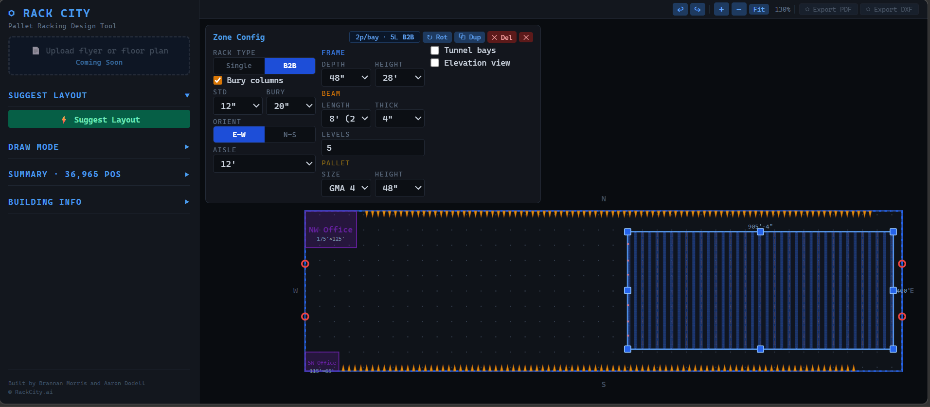 Detailed warehouse rack layout designed in RackCity